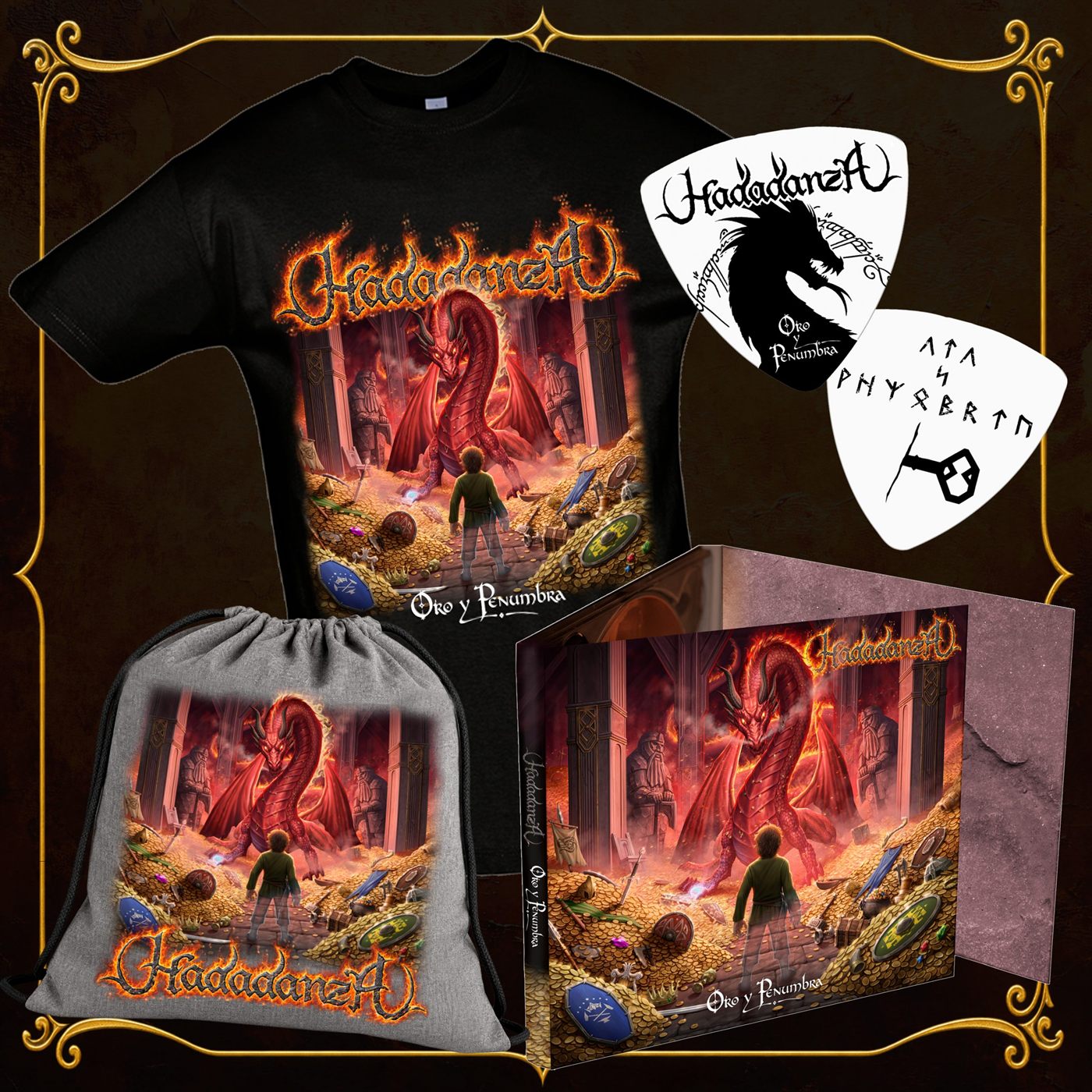 El disco Oro y Penumbra en digipack junto a la púa exclusiva, la camiseta y la mochila de la preventa