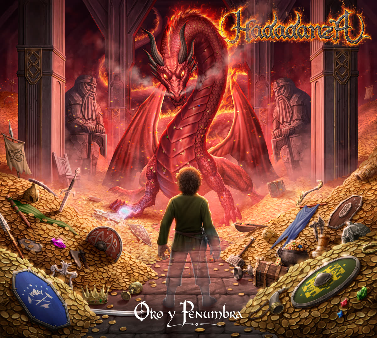 Portada de Oro y Penumbra: Bilbo frente al dragón Smaug sobre el tesoro de Erebor